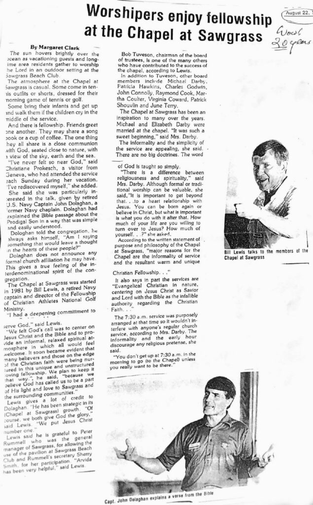 Newspaper article titled Worshipers enjoy fellowship at the Chapel at Sawgrass.